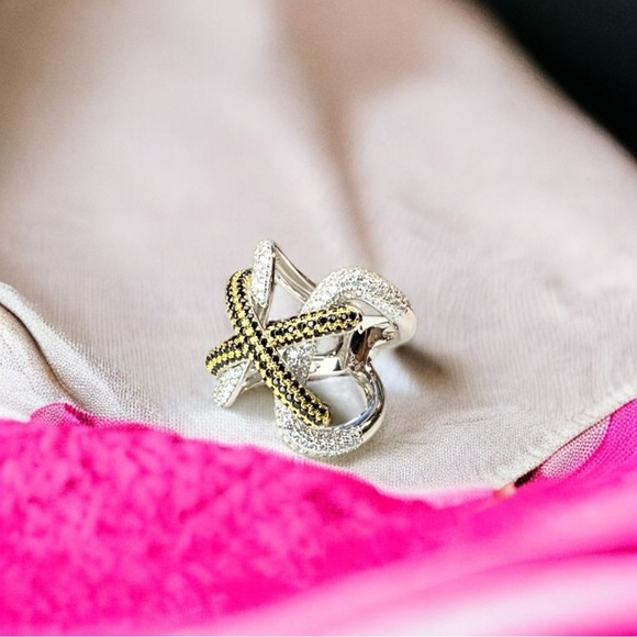 NEW Yellow & Black High Carbon Lab Sapphire Simulant Lace Up Wide Statement Ring - Picture 7 of 16